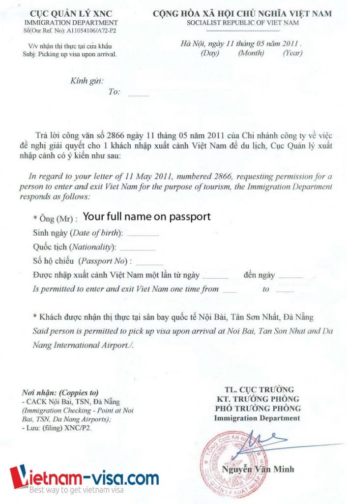 Vietnam visa on arrival approval letter sample
